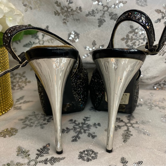 Deb Glitter Black & Silver Peep Toe Platform Heels Ankle Strap Sandals Sz 8 - Picture 8 of 14